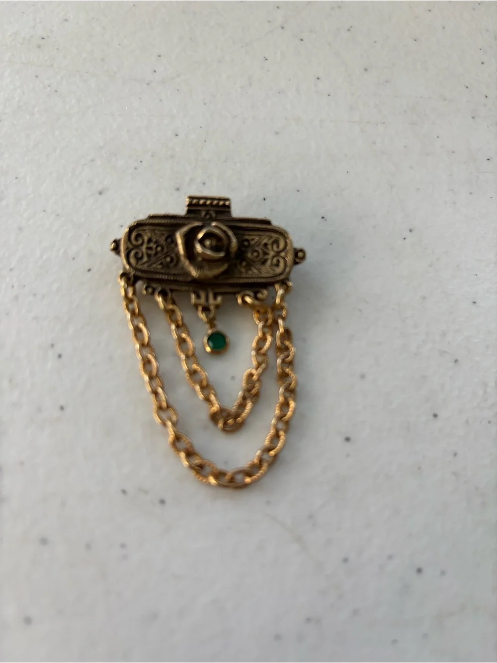 Gold-Tone Floral Chain Brooch with Green Accent